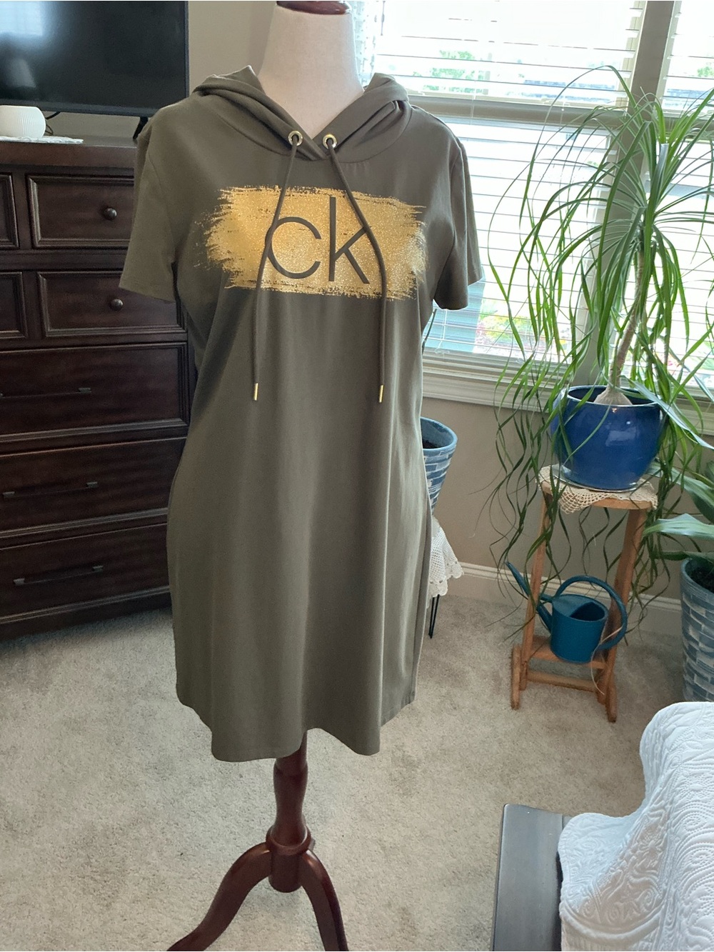 Calvin Klein Olive Green Short Sleeve Hoodie Dress with Gold Logo